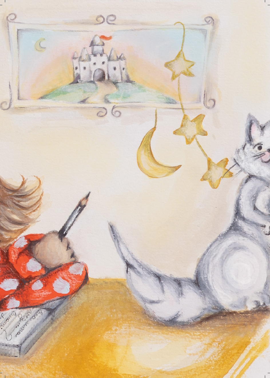 Ilustração de uma menina escrevendo ao lado de seu cachorro, com lua, estrelas e um castelo
