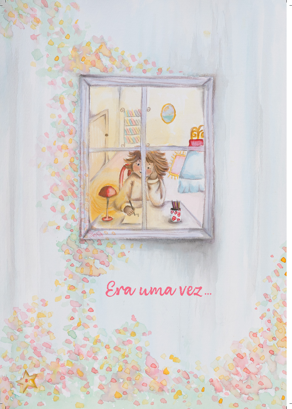 Ilustração de uma menina escrevendo à mesa, vista pela janela